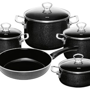 RIESS Topfset 'Black Magic' 5-teilig je 1 x Fleischtopf Ø 16,20,24 cm, 1 x Kasserolle Ø 20 cm, mit Edelstahlgriffen und 1 x Bratpfanne mit Kunststoffgriff Ø 28 cm