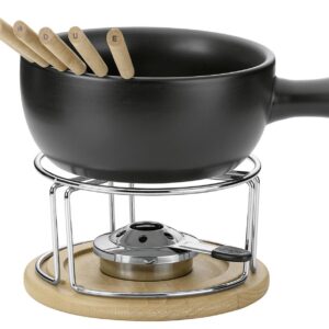 kela Käsefondue-Set 'Natura' 10-teilig 10-teilig | 1 Fonduepfanne aus feuerfester Keramik, Durchmesser 20 cm | 1 Rechaud aus verchromtem Metall | 6 Fondue-Gabeln aus Edelstahl | 1 Untersetzer aus Buchenholz | 1 Sicherheitspastenbrenner aus Edelstahl