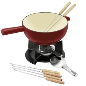 BEKA Käsefondue-Set'Belledone' 10-teilig 10-teilig | Fonduetopf | 6 farbig markierte Fonduegabeln mit Holzgriff | Spritzschutz | Rechaud | Pastenbrenner (leer)